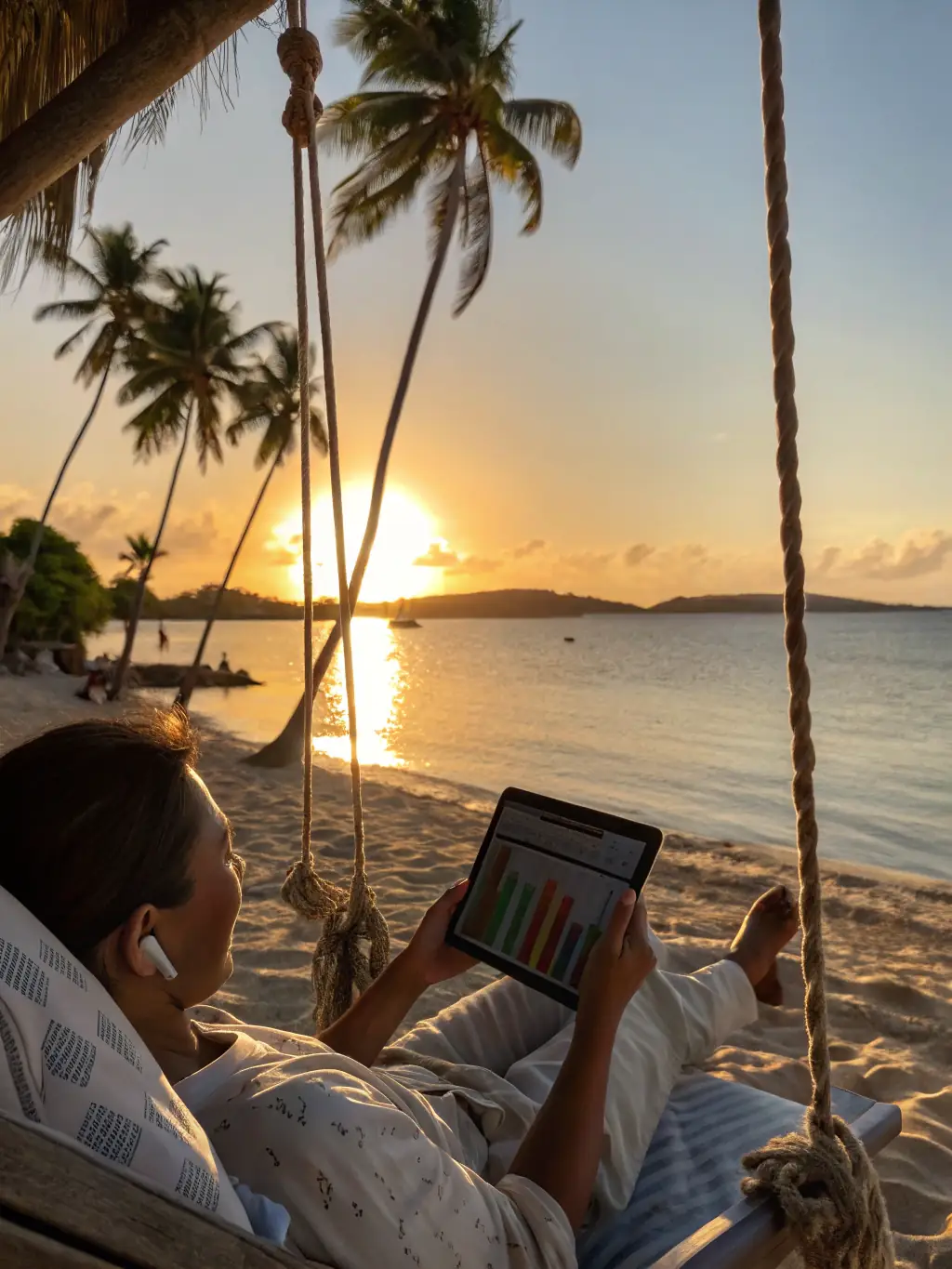 An image of a relaxed trader on a beach, using a laptop to monitor their trades, representing the passive profits aspect of Propfund Titans.