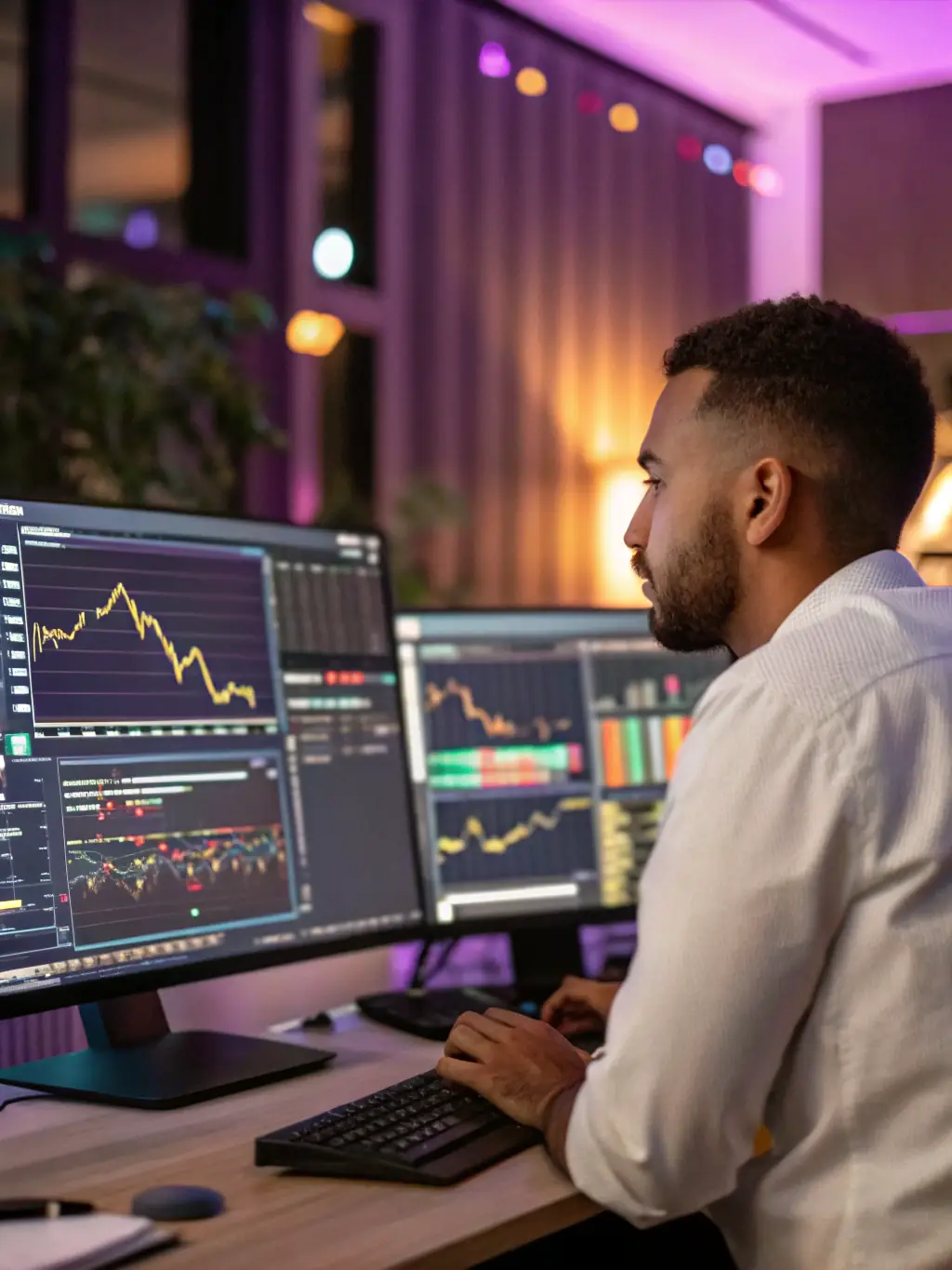 A live trading session in progress, showing a trader executing trades on a funded prop account with real-time market data.